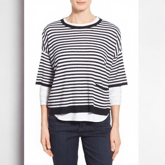 Eileen Fisher Sweaters - Eileen Fisher Organic Linen Striped Boxy Sweater Top M Black White Round Neck Ov